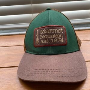 Marmot Green Front Brown Bill Mesh Trucker Hat